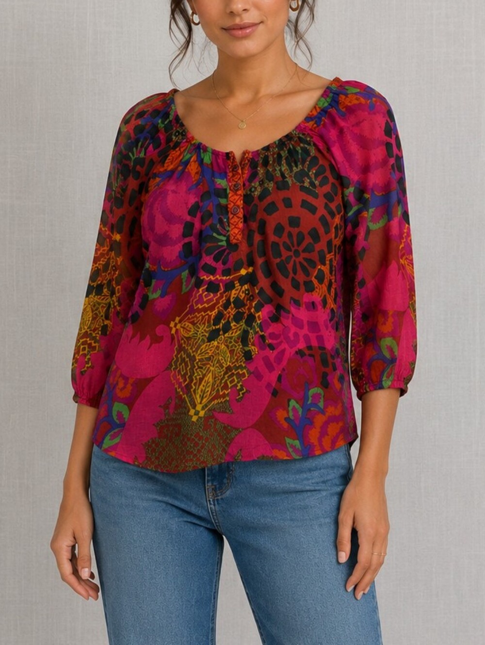 La Fiancée du Mekong 100% Cotton Boho Floral Blouse Size L